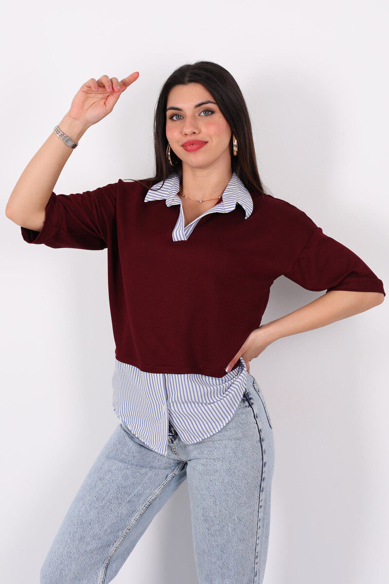Polo Yaka Kol Çizgili Gömlek Garnili Bordo Kadın Bluz - 3
