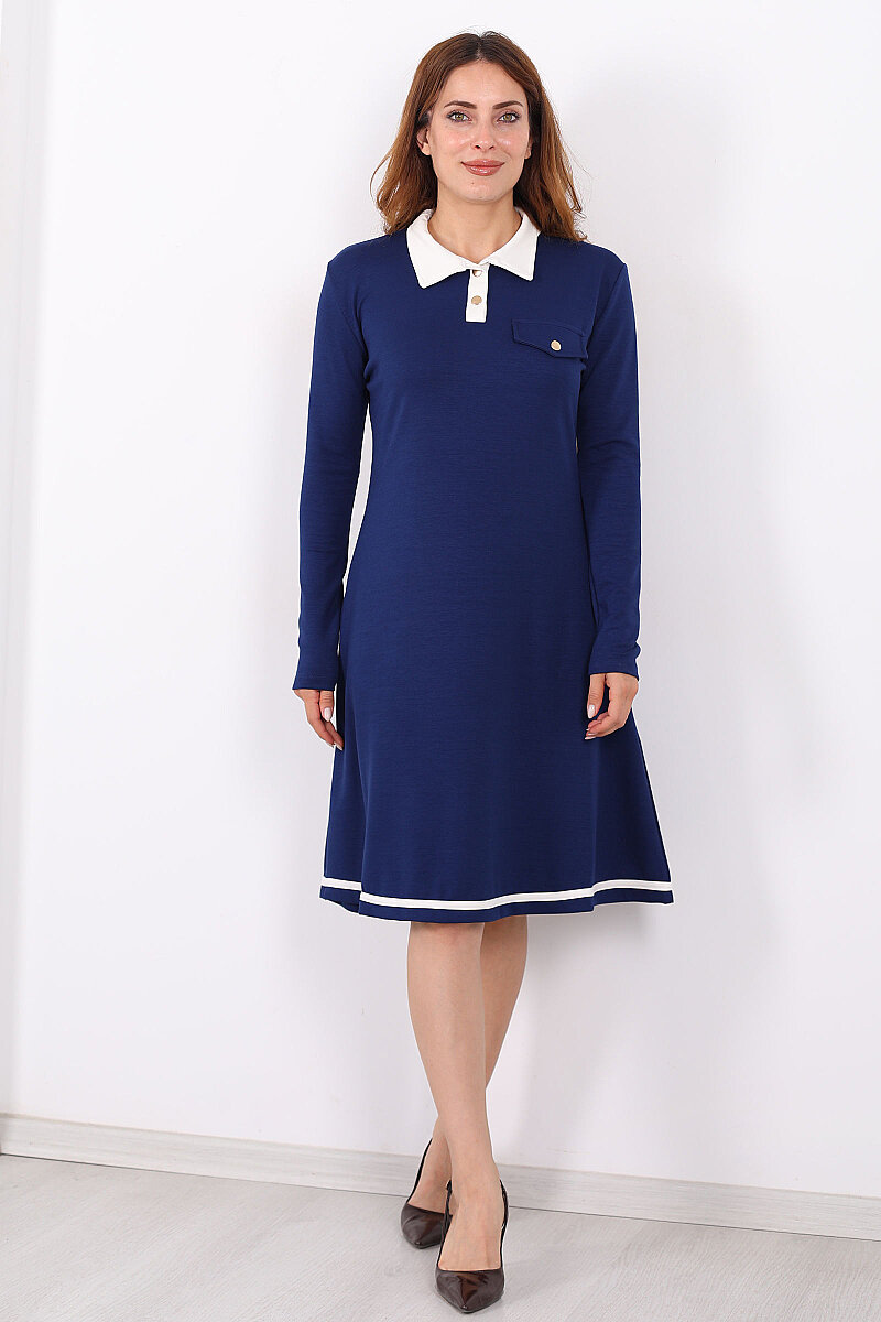 Polo Yaka Lacivert Kadın Çıtçıtlı Elbise - 6