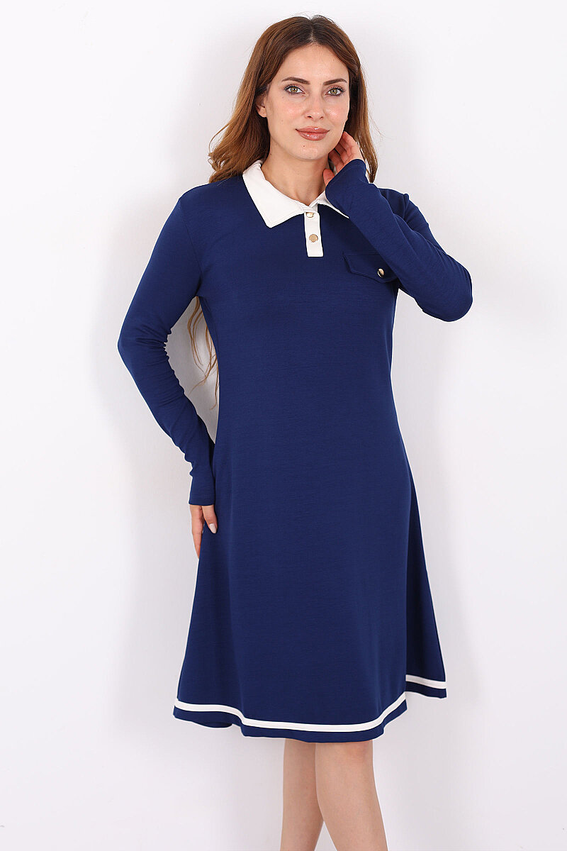 Polo Yaka Lacivert Kadın Çıtçıtlı Elbise - 1
