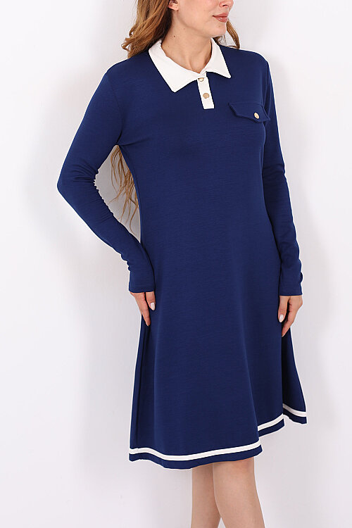 Polo Yaka Lacivert Kadın Çıtçıtlı Elbise - 2
