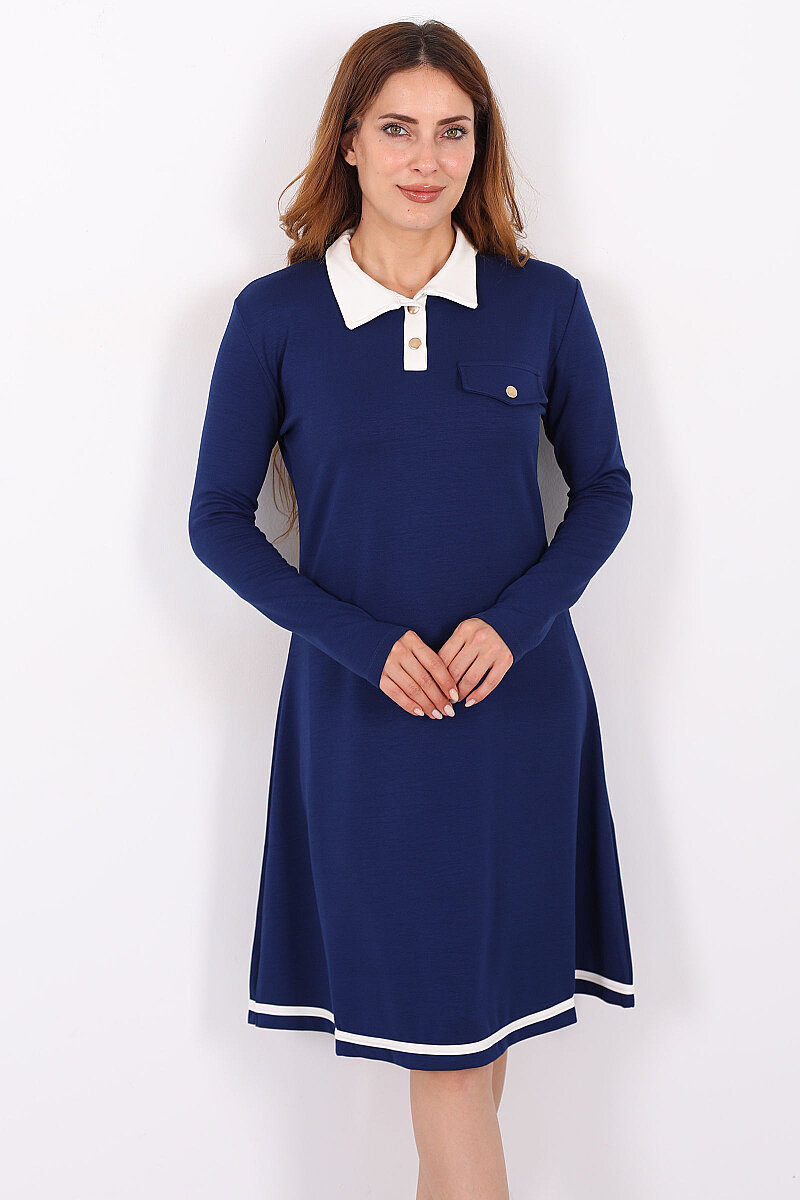 Polo Yaka Lacivert Kadın Çıtçıtlı Elbise - 4