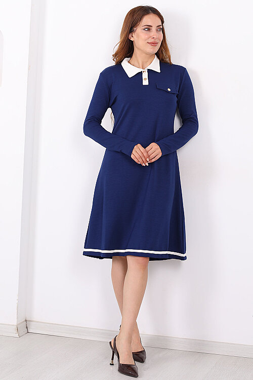 Polo Yaka Lacivert Kadın Çıtçıtlı Elbise - 3