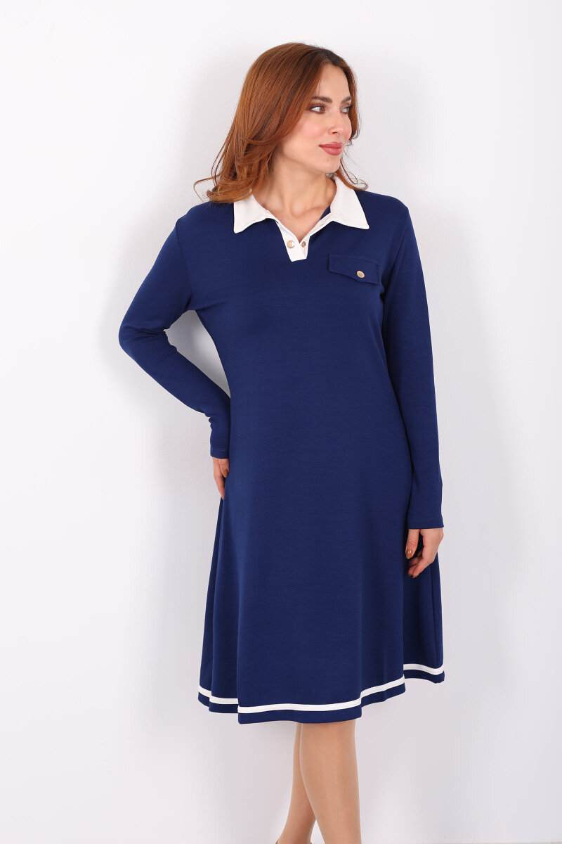 Polo Yaka Lacivert Kadın Çıtçıtlı Elbise - 4