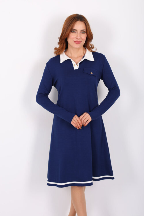 Polo Yaka Lacivert Kadın Çıtçıtlı Elbise 