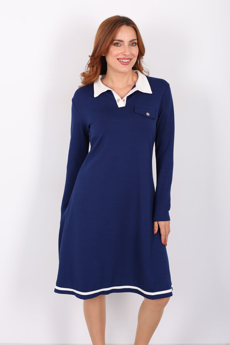 Polo Yaka Lacivert Kadın Çıtçıtlı Elbise - 6