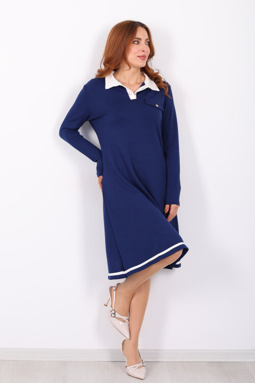 Polo Yaka Lacivert Kadın Çıtçıtlı Elbise - 3