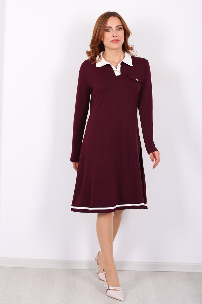 Polo Yaka Mürdüm Kadın Çıtçıtlı Elbise - 6