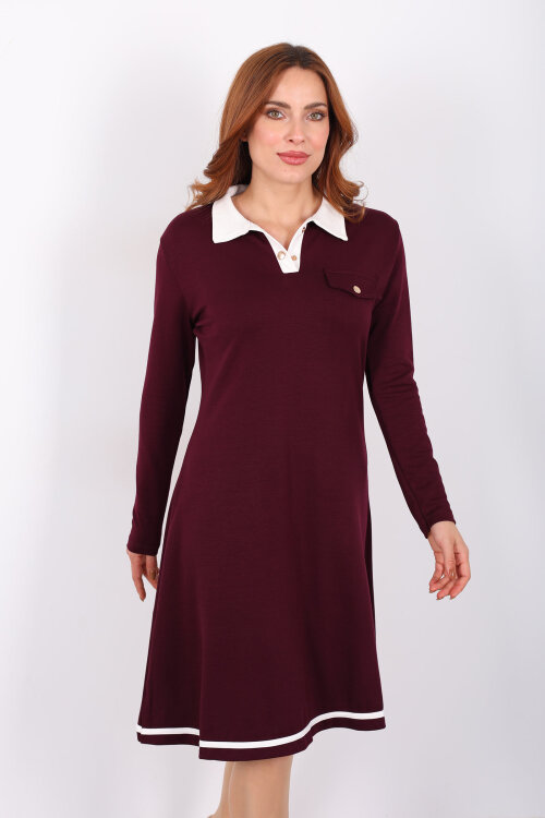 Polo Yaka Mürdüm Kadın Çıtçıtlı Elbise - 4