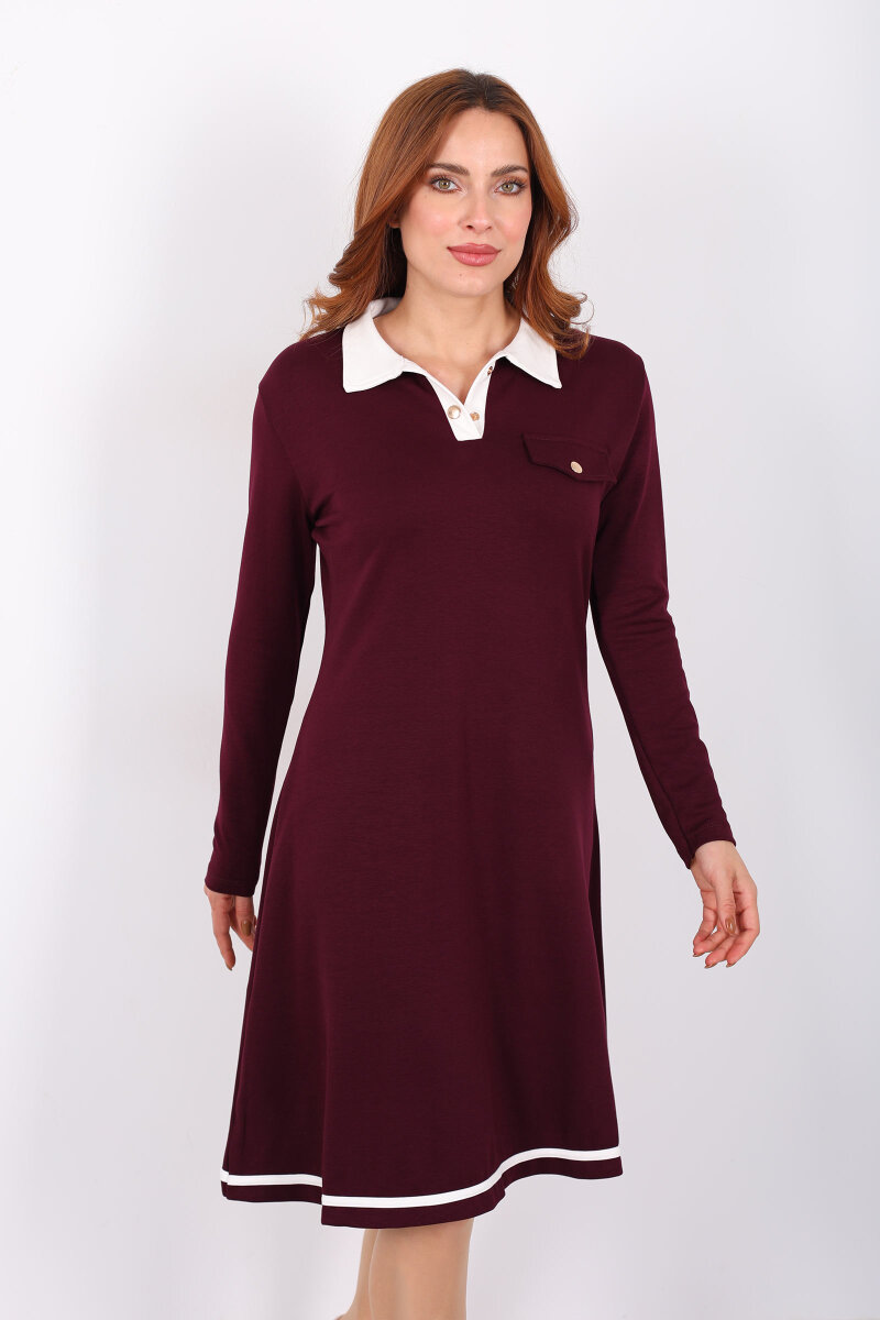 Polo Yaka Mürdüm Kadın Çıtçıtlı Elbise - 4