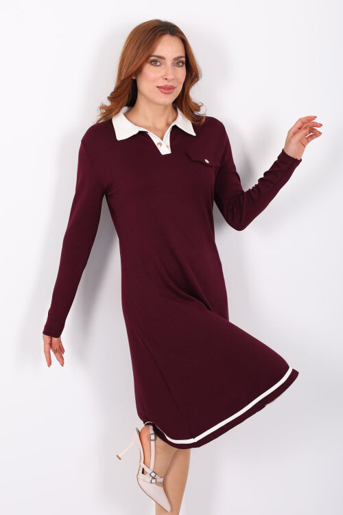 Polo Yaka Mürdüm Kadın Çıtçıtlı Elbise 