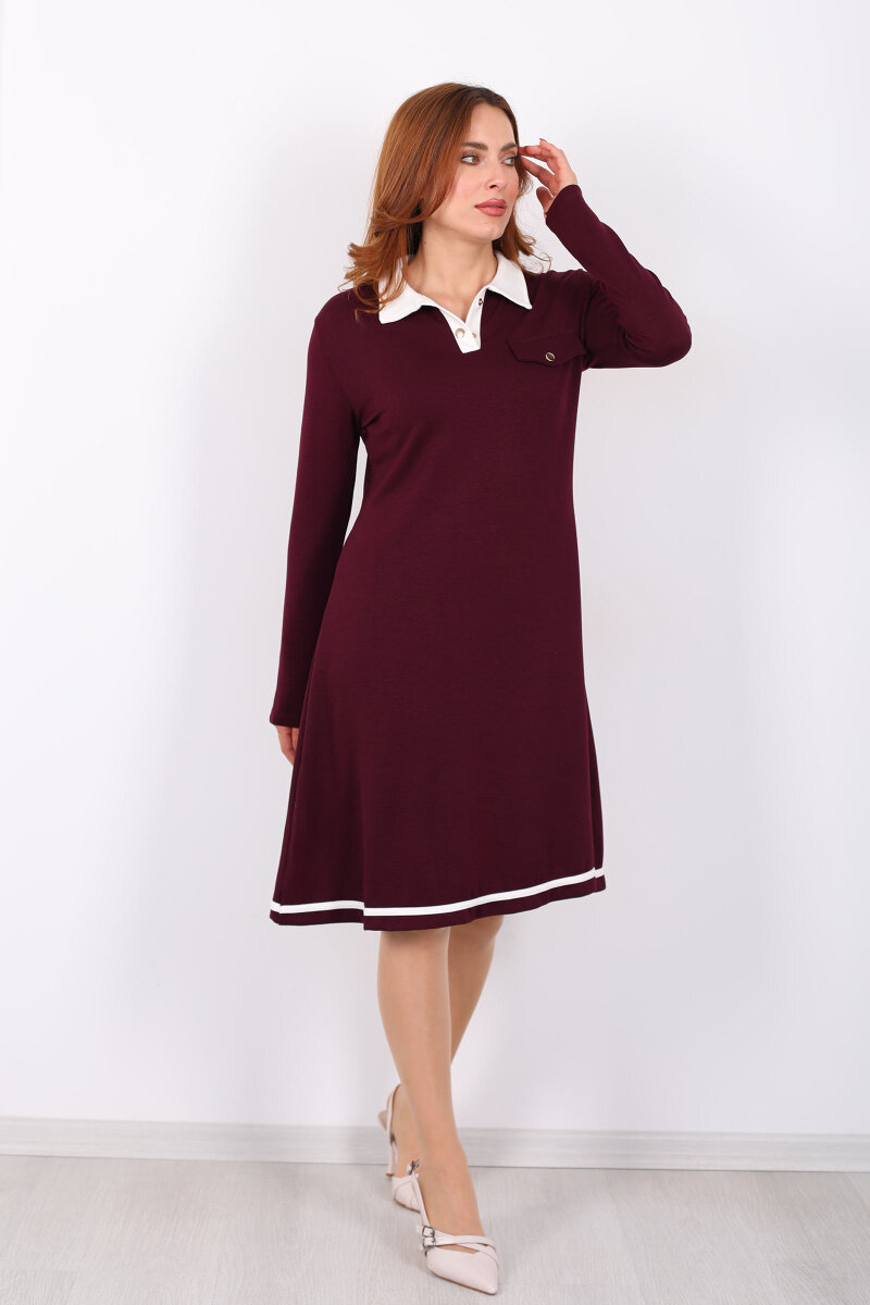 Polo Yaka Mürdüm Kadın Çıtçıtlı Elbise - 3