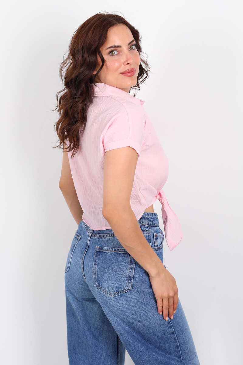 Polo Yaka Önü Bağlamalı Pembe Kadın Kırışık Gömlek - 4