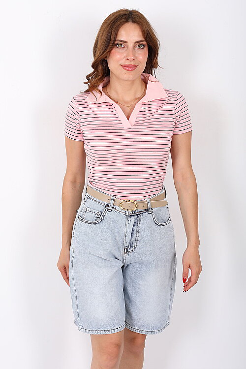 Polo Yaka Pembe Kadın Çizgili Body - 5