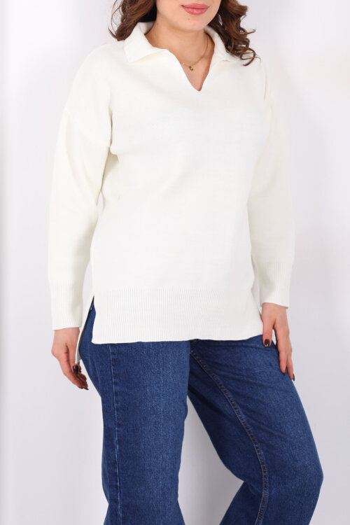 Polo Yaka Salaş Krem Kadın Triko Kazak - Berox (1)