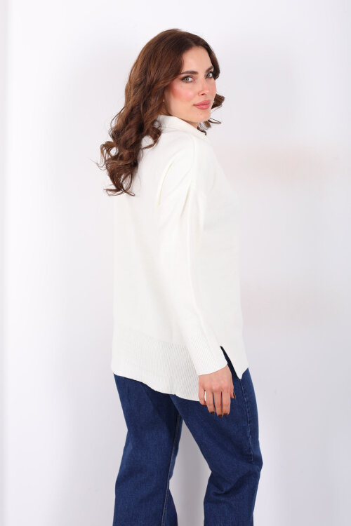 Polo Yaka Salaş Krem Kadın Triko Kazak - 4