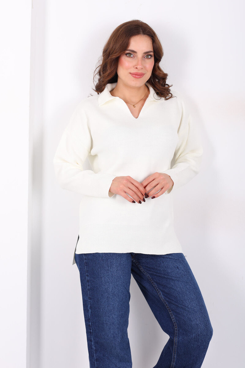 Polo Yaka Salaş Krem Kadın Triko Kazak - 1