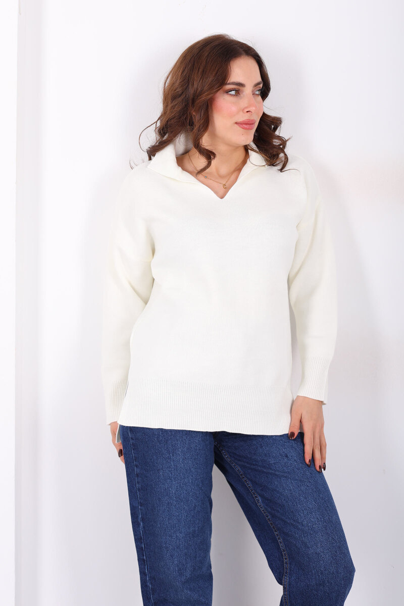 Polo Yaka Salaş Krem Kadın Triko Kazak - 3