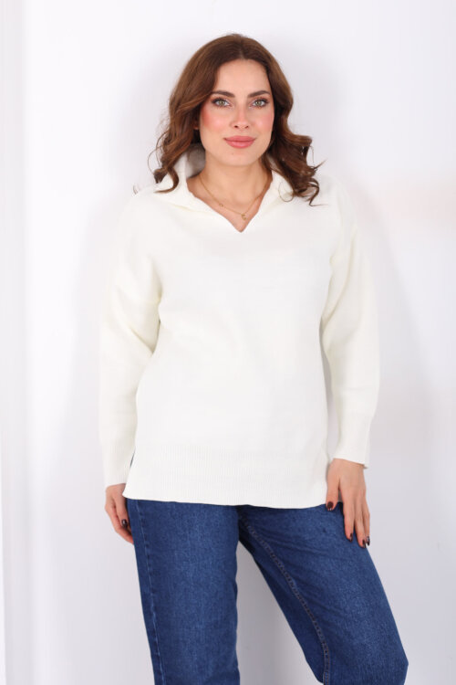 Polo Yaka Salaş Krem Kadın Triko Kazak - 5