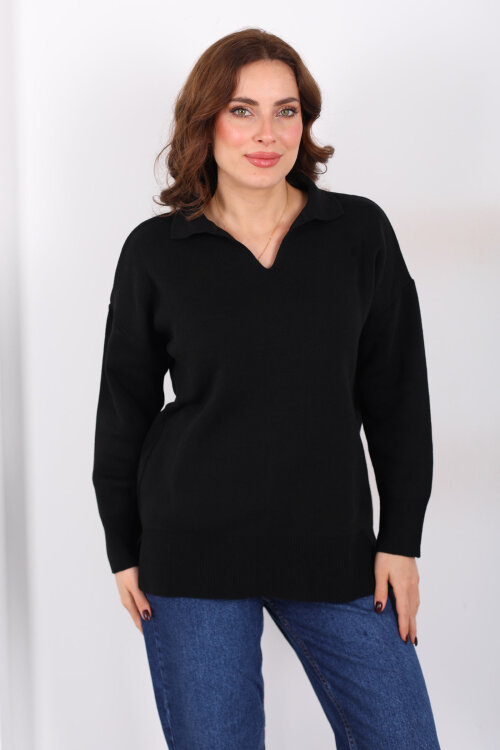 Polo Yaka Salaş Siyah Kadın Triko Kazak - Berox