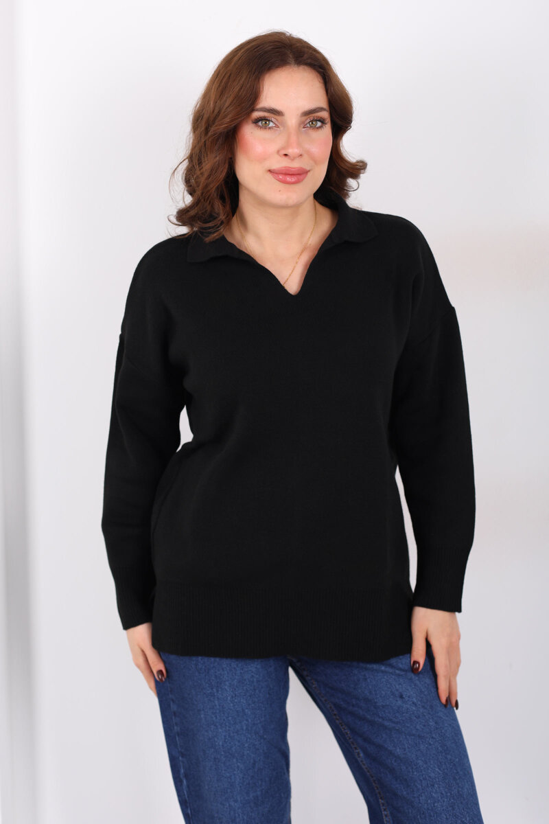 Polo Yaka Salaş Siyah Kadın Triko Kazak - 1