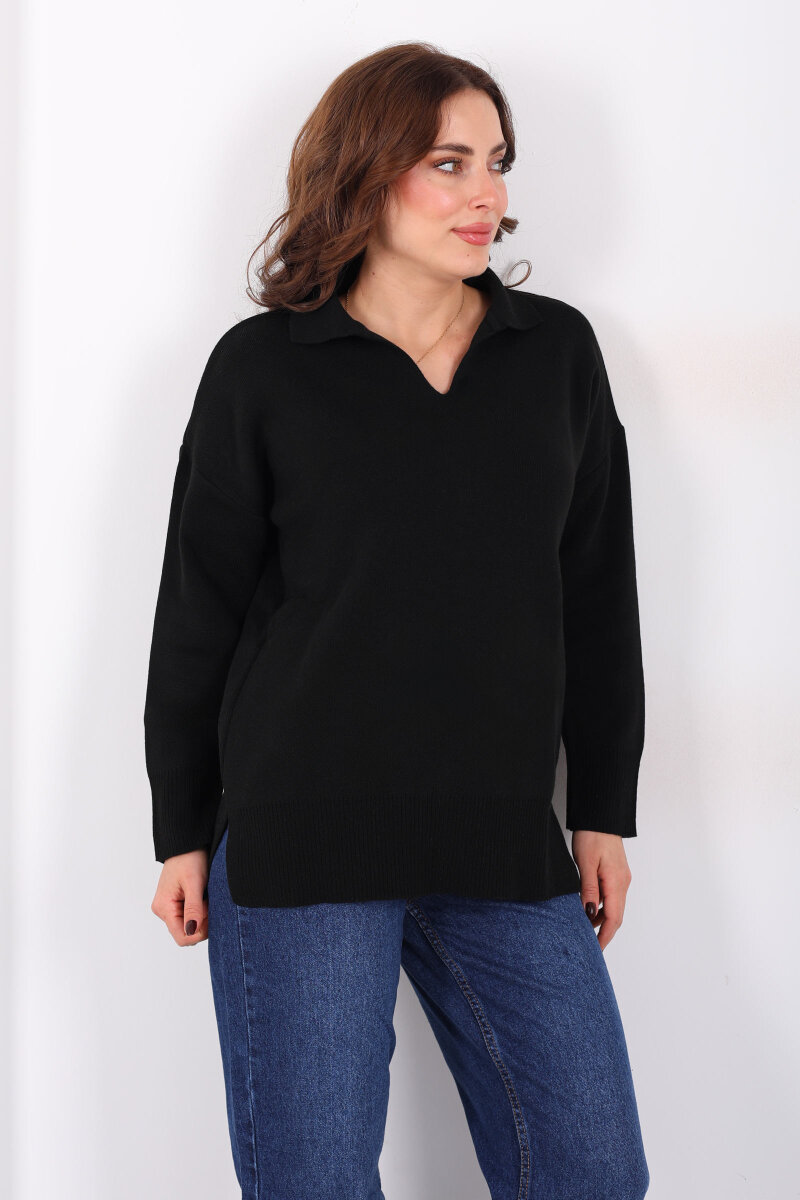 Polo Yaka Salaş Siyah Kadın Triko Kazak - 3