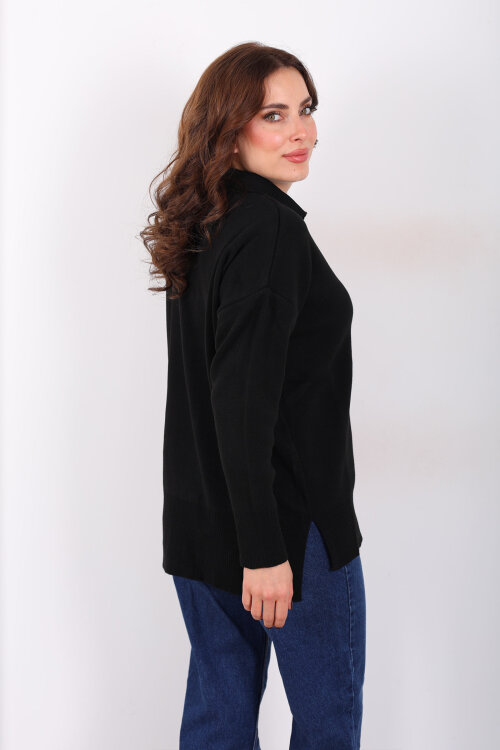 Polo Yaka Salaş Siyah Kadın Triko Kazak - 4