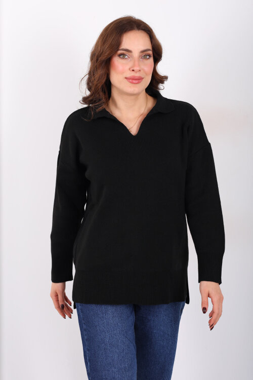 Polo Yaka Salaş Siyah Kadın Triko Kazak - 5