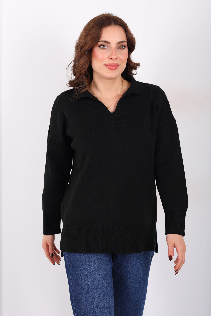 Polo Yaka Salaş Siyah Kadın Triko Kazak - 5