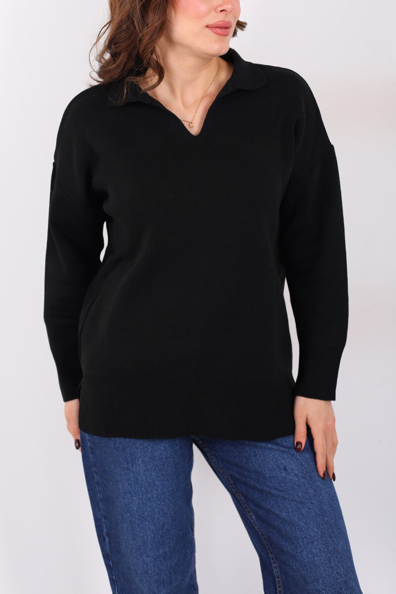 Polo Yaka Salaş Siyah Kadın Triko Kazak - 2