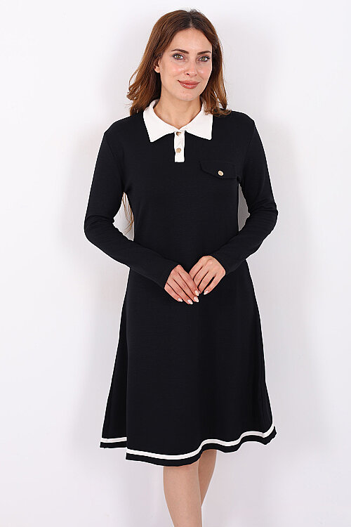 Polo Yaka Siyah Kadın Çıtçıtlı Elbise 