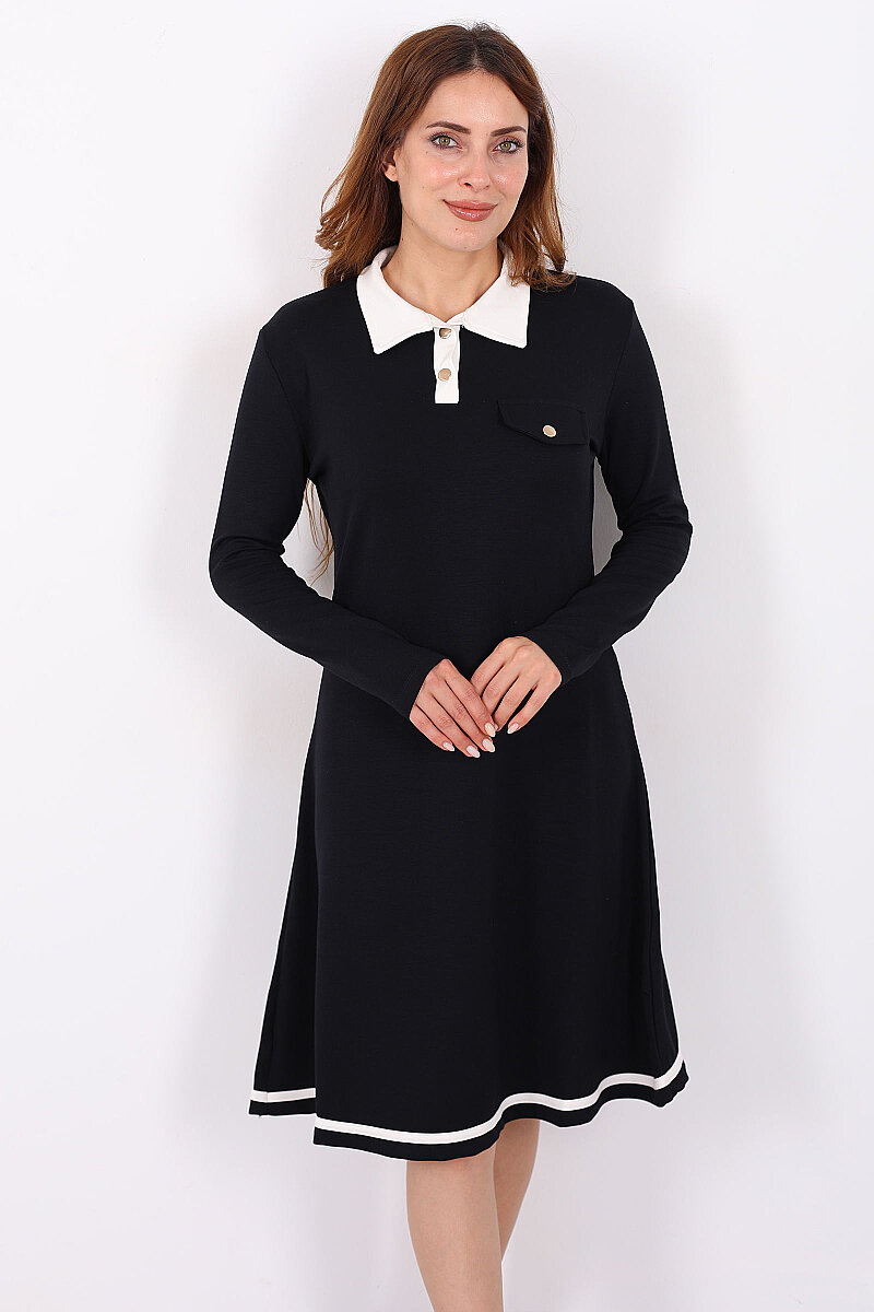 Polo Yaka Siyah Kadın Çıtçıtlı Elbise - 1