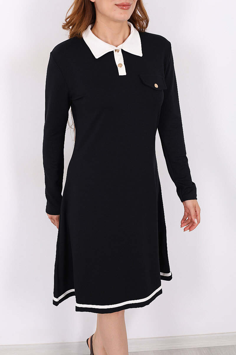 Polo Yaka Siyah Kadın Çıtçıtlı Elbise - 2