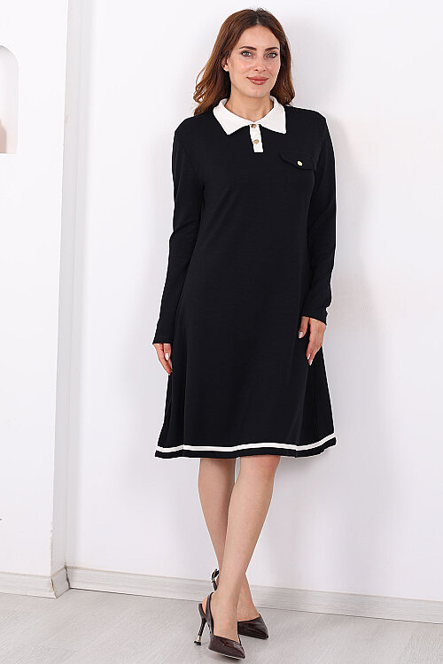 Polo Yaka Siyah Kadın Çıtçıtlı Elbise - 6