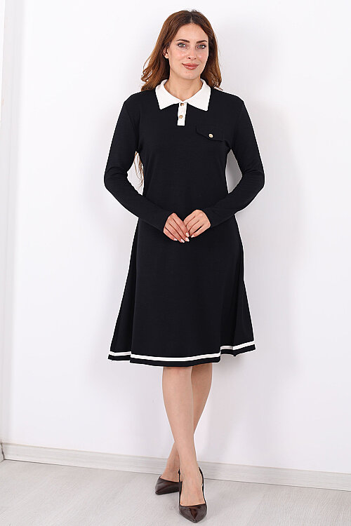 Polo Yaka Siyah Kadın Çıtçıtlı Elbise - 3