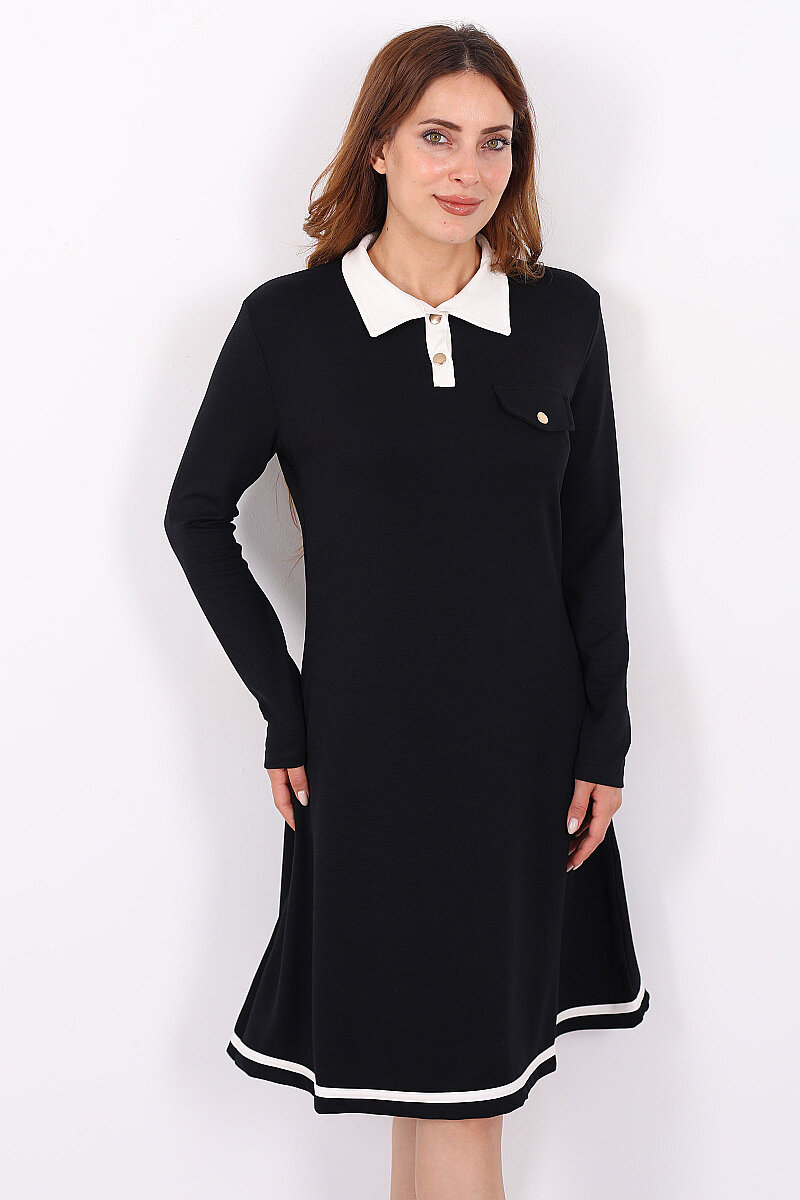 Polo Yaka Siyah Kadın Çıtçıtlı Elbise - 4