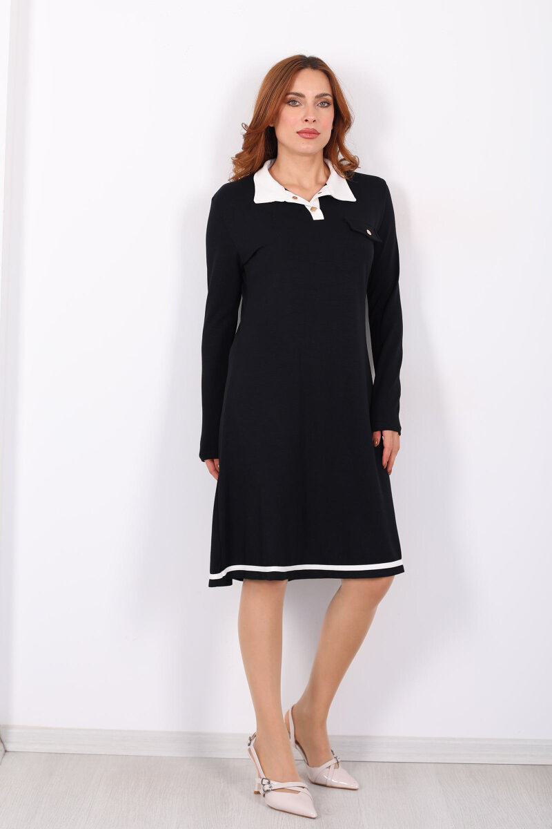 Polo Yaka Siyah Kadın Çıtçıtlı Elbise - 7