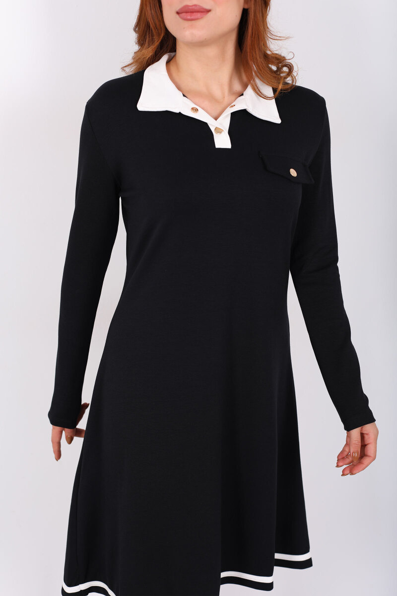 Polo Yaka Siyah Kadın Çıtçıtlı Elbise - 2