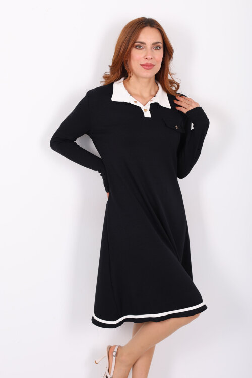 Polo Yaka Siyah Kadın Çıtçıtlı Elbise - Berox