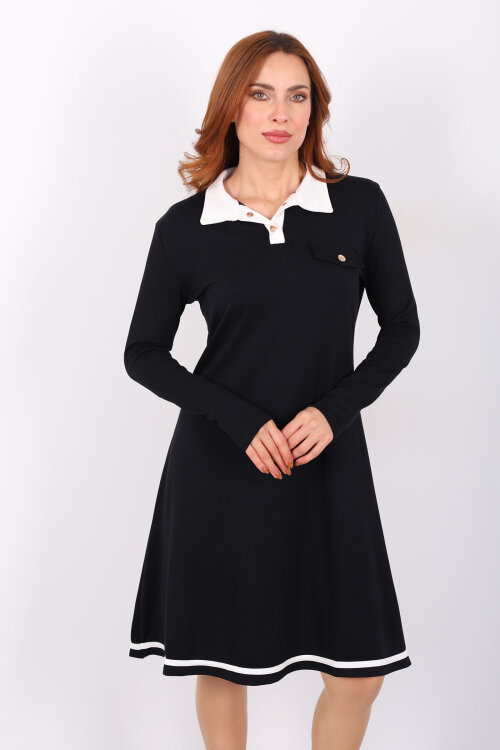 Polo Yaka Siyah Kadın Çıtçıtlı Elbise - 3