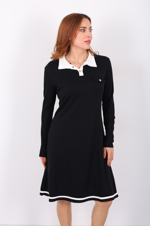 Polo Yaka Siyah Kadın Çıtçıtlı Elbise - 5
