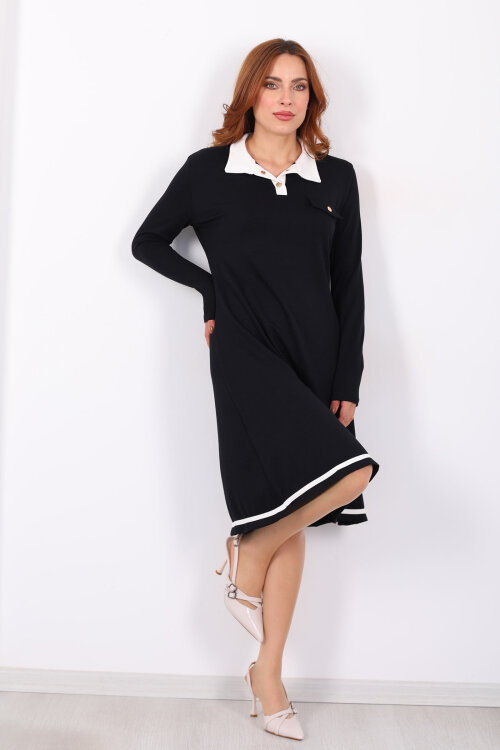 Polo Yaka Siyah Kadın Çıtçıtlı Elbise - 4