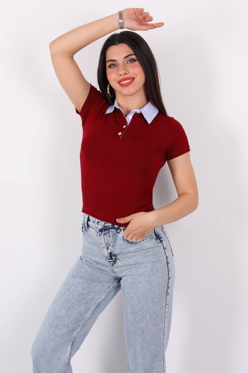 Polo Yaka Yarım Düğmeli Penye Bordo Kadın T-Shirt 