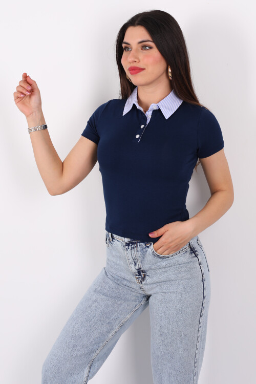 Polo Yaka Yarım Düğmeli Penye Lacivert Kadın T-Shirt 