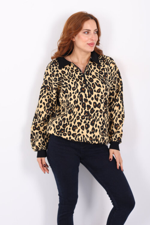Polo Yaka Yarım Fermuarlı Leopar Kadın Sweat - 5
