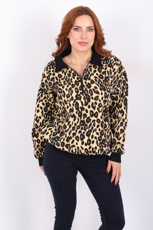 Polo Yaka Yarım Fermuarlı Leopar Kadın Sweat - 3