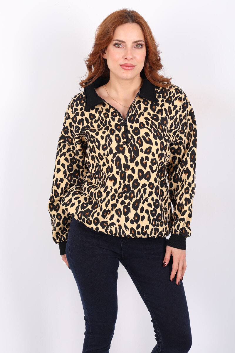Polo Yaka Yarım Fermuarlı Leopar Kadın Sweat - 3