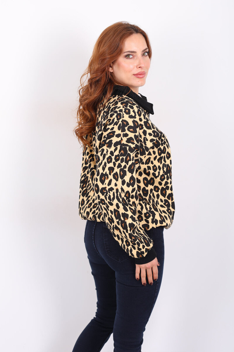 Polo Yaka Yarım Fermuarlı Leopar Kadın Sweat - 4