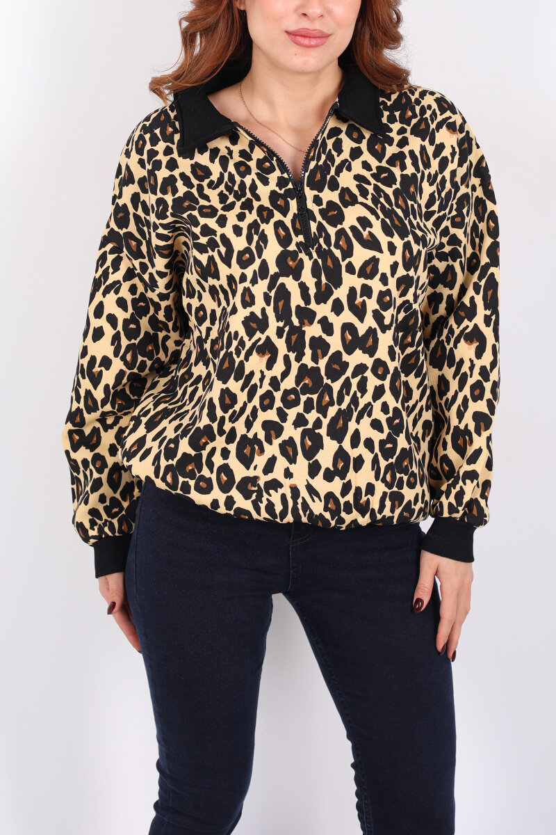Polo Yaka Yarım Fermuarlı Leopar Kadın Sweat - 2