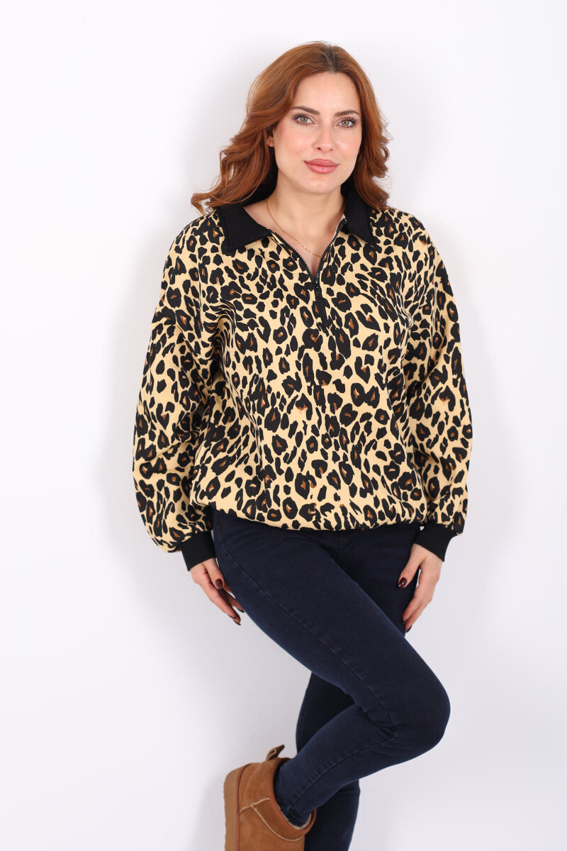 Polo Yaka Yarım Fermuarlı Leopar Kadın Sweat - 1