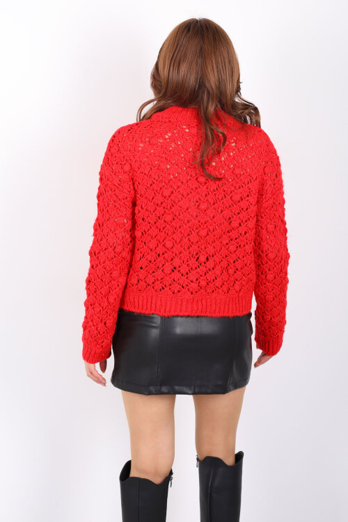 Ponponlu Ajurlu Kadın Kırmızı Triko Kazak - 5